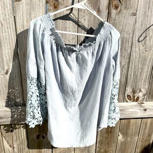 Listicle Large Top with Crocheted Bell Sleeves